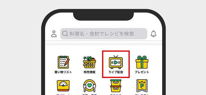 イメージ図：デリッシュキッチンアプリホーム画面と配信アイコン