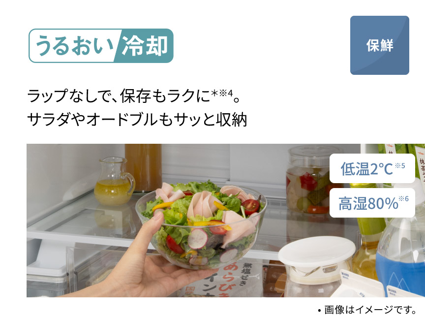 うるおい冷却 ラップなしで、保存もラクに。サラダやオードブルもサッと収納