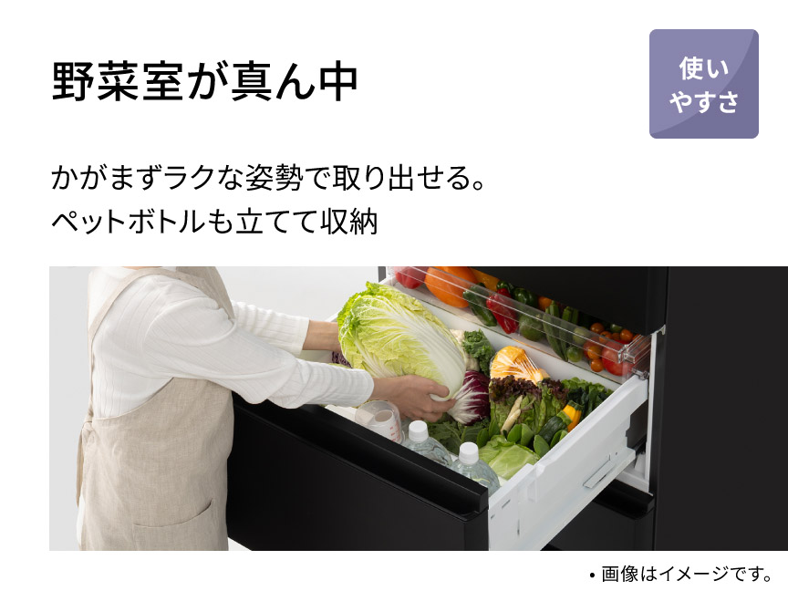 野菜室が真ん中 かがまずラクな姿勢で取り出せる。ペットボトルも立てて収納