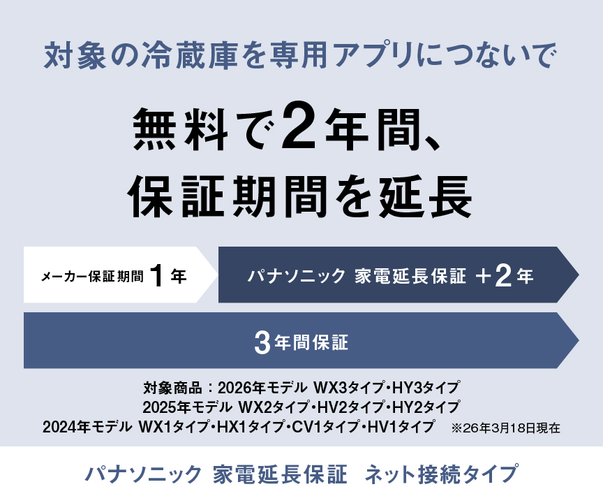 対象の冷蔵庫を専用アプリにつないで無料で2年間、保証期間を延長　パナソニック 家電延長保証ネット接続タイプ