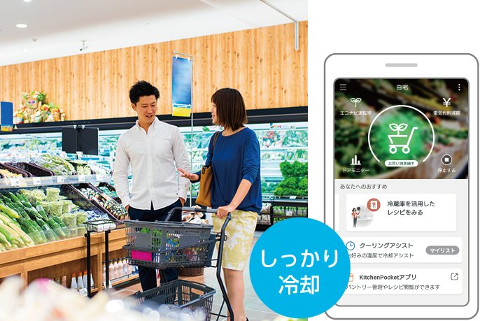 お店で夫婦が買い物している写真と、買い物準備モードの画面が表示されたスマートフォンの画像です。
