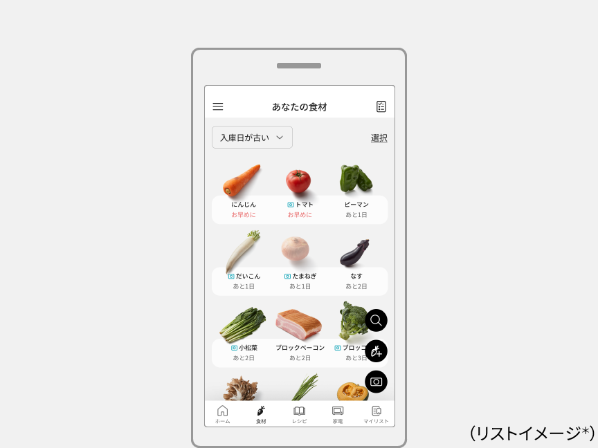 画像：野菜の画像を表示、利用期限の目安を表示