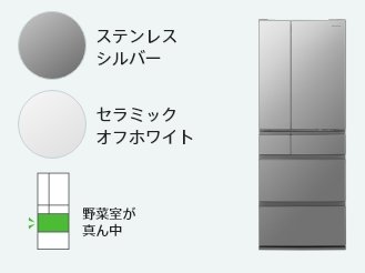 ステンレスシルバー、セラミックオフホワイト、野菜室が真ん中