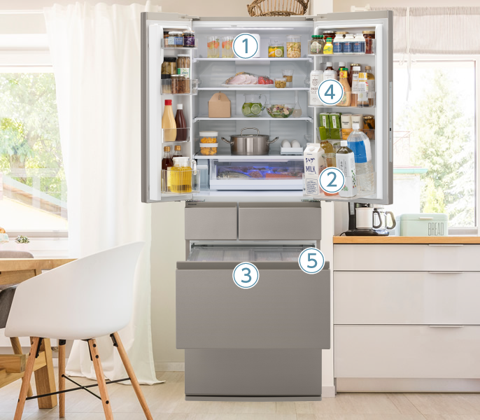 扉が開いている冷蔵庫の画像です。