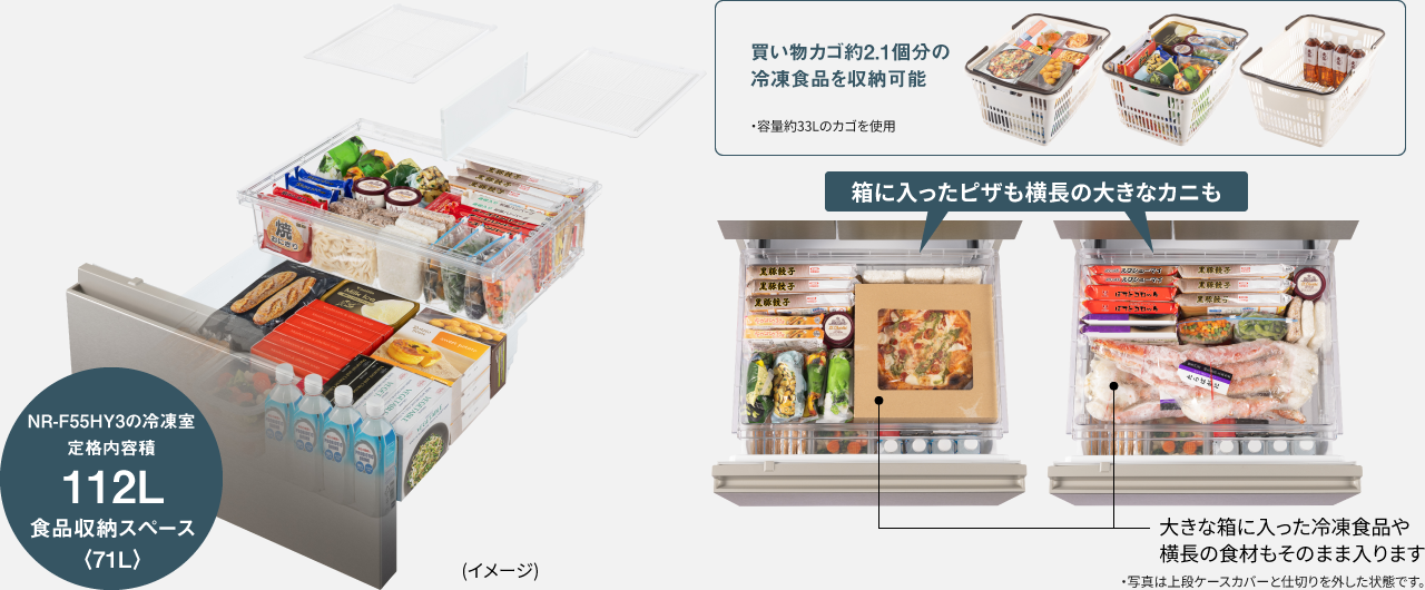 NR-F55HY3の冷凍室。定格内容積112L食品収納スペース＜71L＞。買い物カゴ約2.1個分の大容量。