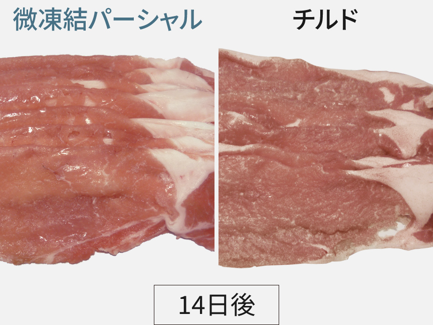 画像：微凍結パーシャルとチルドの、14日後の豚肉の色の比較