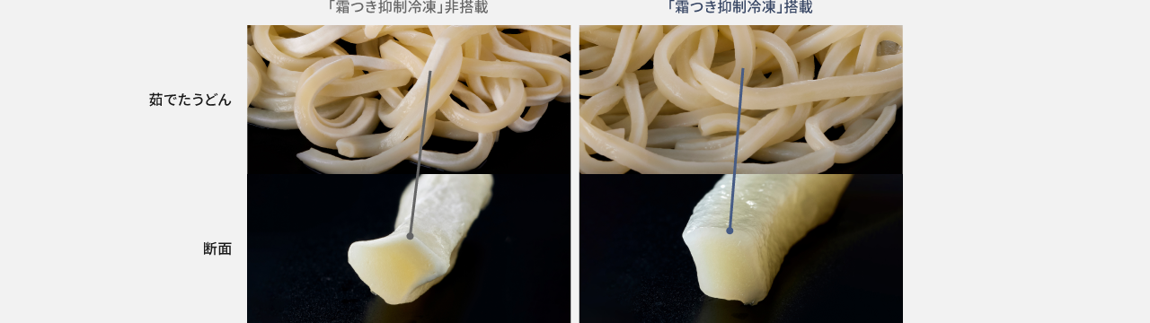 画像：茹でたうどんの断面の比較