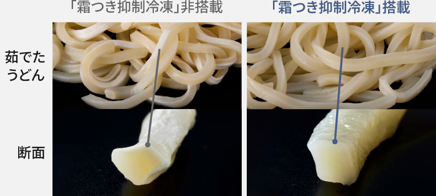 画像：茹でたうどんの断面の比較