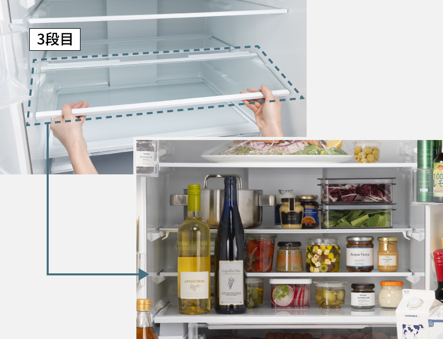 画像：わけられるん棚を移動させて、手前に背の高いボトルを置けるようにしている様子