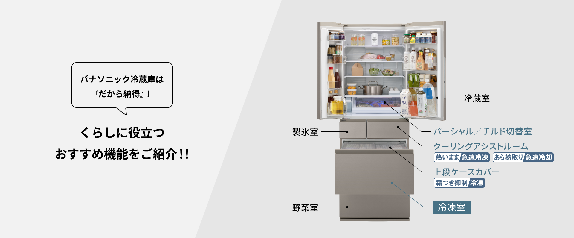 特長 早わかり！パナソニック冷蔵庫のメインビジュアルです。