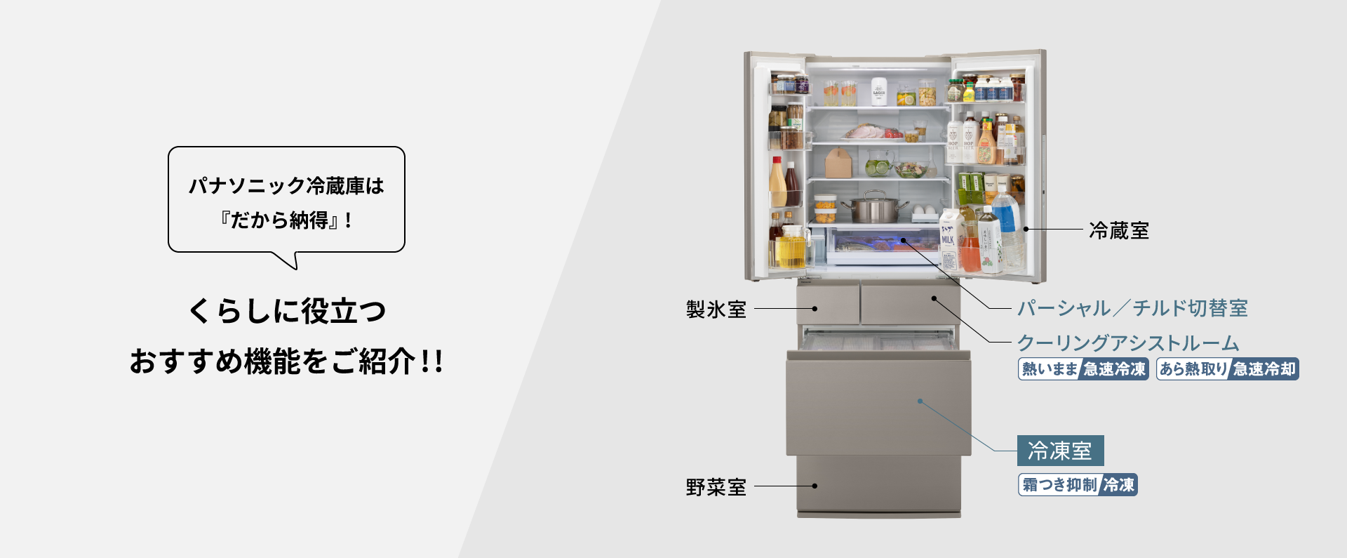 特長 早わかり！パナソニック冷蔵庫のメインビジュアルです。
