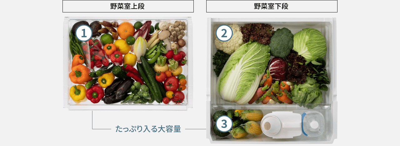 画像：①野菜室上段には実野菜の保存、②野菜室下段には葉野菜の保存、③野菜室下段のボトルコーナーにペットボトル、米びつを保存：Wシャキシャキ野菜室プラス