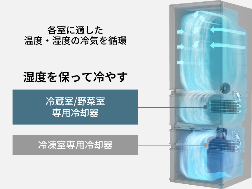 画像：各室に適した温度・湿度の冷気を循環させる仕組みを示す図。冷蔵室/野菜室専用冷却器と冷凍室専用冷却器があり、冷蔵室/野菜室専用冷却器は湿度を保って冷やす