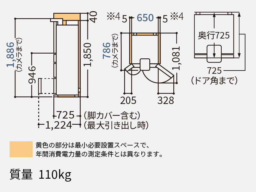 NR-F53CV1 据付必要寸法図（単位：mm）