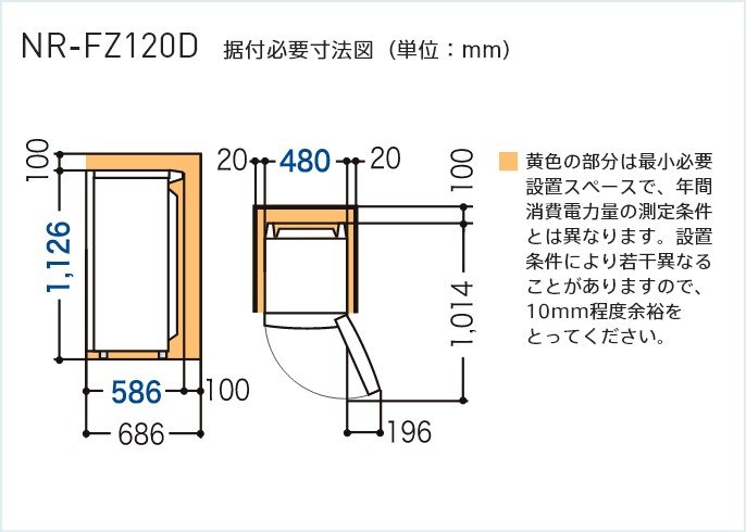 	NR-FZ120Dの据付必要寸法図です。 画像上の右上が黄色くマークされています。 高さ1126mm、上部最小必要設置スペース100mm、奥行586mm、奥行最小必要設置スペース93mm、幅480mm、左右最小必要設置スペース20mm、ドア開口時奥行1014mm。 画像右上の黄色の部分は最小必要設置スペースで、年間消費電力量の測定条件とは異なります。