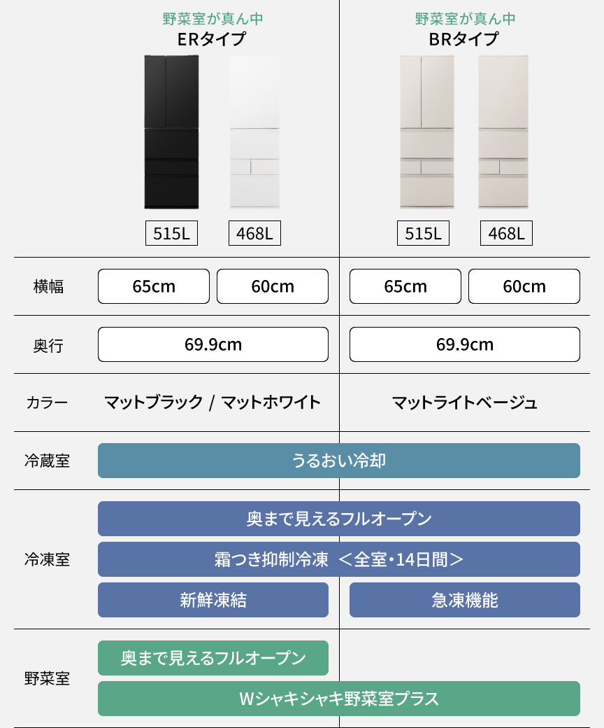 比較表：ERタイプ、BRタイプの機能比較表