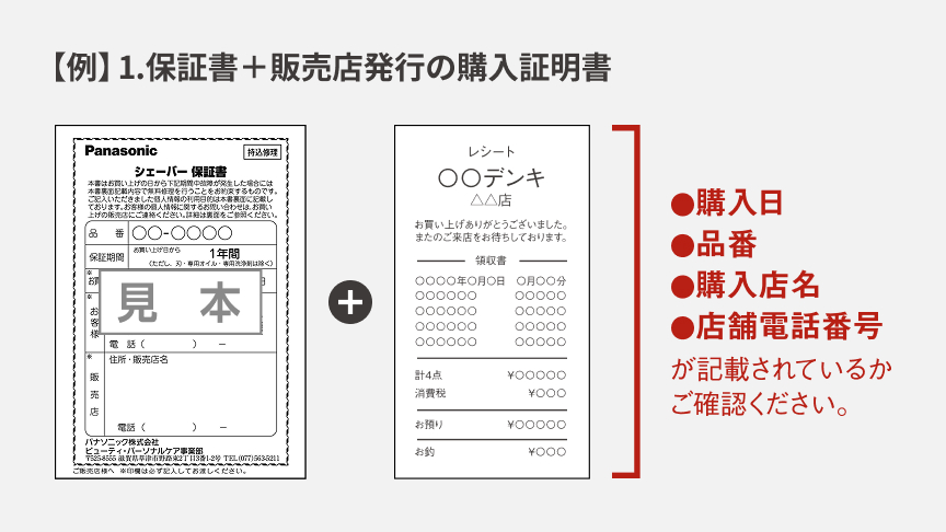 【例】1.保証書＋販売店発行の購入証明書 ●購入日 ●品番 ●購入店名 ●店舗電話番号 が記載されているかご確認ください。