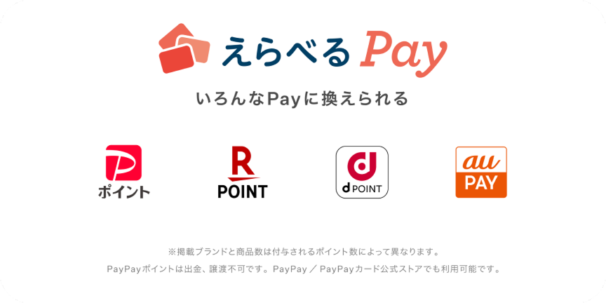 えらべるPay いろんなPayに換えられる ポイント R POINT d POINT au PAY ※掲載ブランドと商品数は付与されるポイント数によって異なります。PayPayポイントは出金、譲渡不可です。PayPay / PayPayカード公式ストアでも利用可能です。