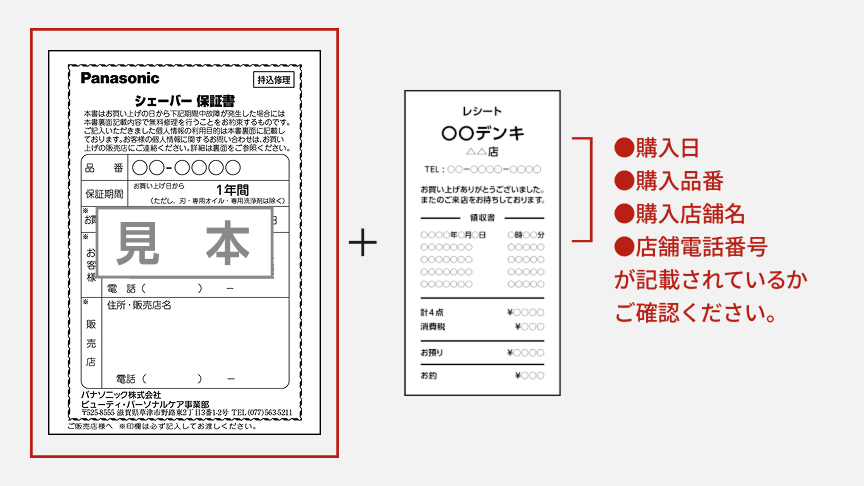 保証書 見本 + レシート ●購入日 ●購入品番 ●購入店舗名 ●店舗電話番号 が記載されているかご確認ください。