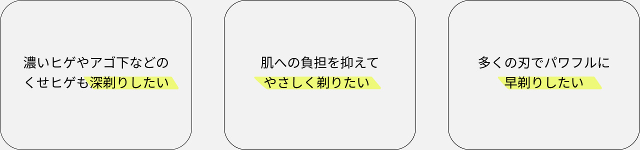 濃いヒゲやアゴ下などのくせヒゲも深剃りしたい 肌への負担を抑えてやさしく剃りたい 多くの刃でパワフルに早剃りしたい