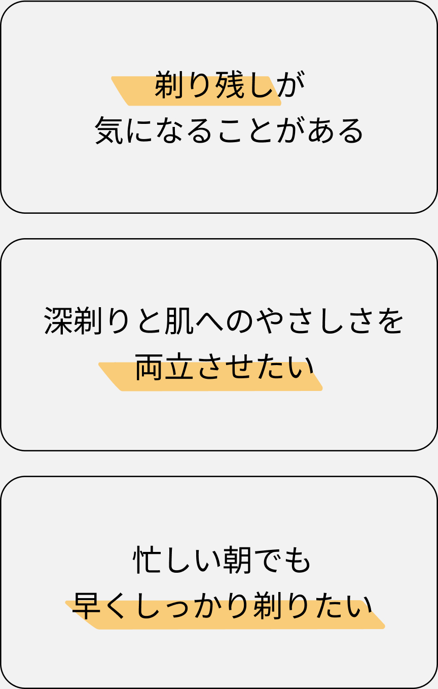 剃り残しが気になることがある 深剃りと肌へのやさしさを両立させたい 忙しい朝でも早くしっかり剃りたい