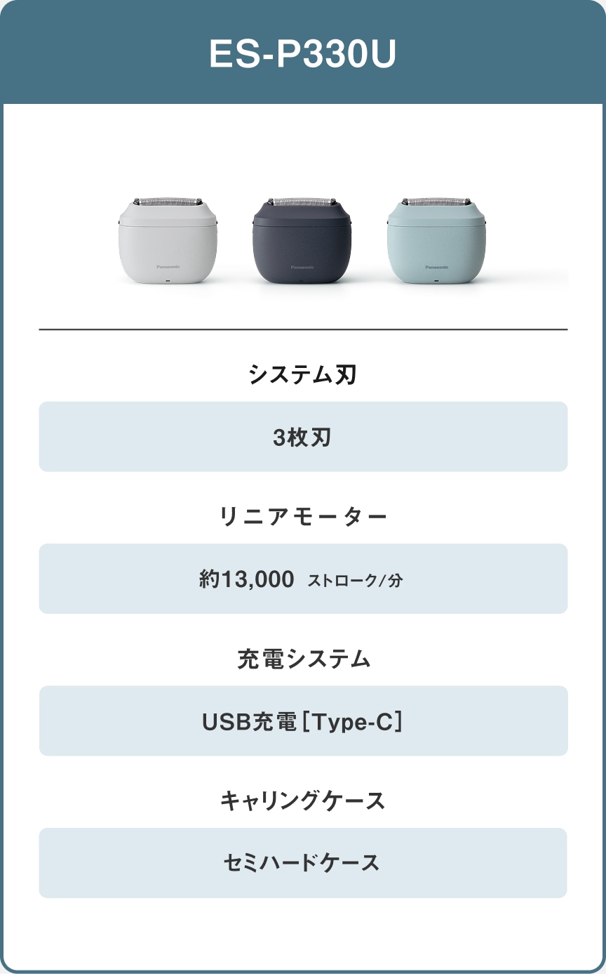 ES-P330U システム刃 3枚刃 リニアモーター 約13,000 ストローク/分 充電システム USB充電【Type-C】 キャリングケース セミハードケース