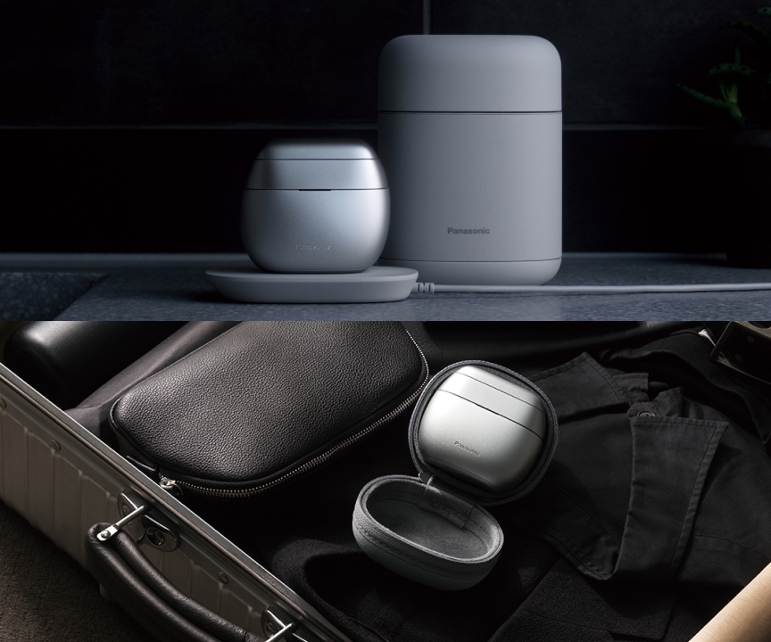 写真左側：ラムダッシュ パームインPRO 6枚刃とパームインポッド、写真右側：キャリングケースにラムダッシュ パームインPRO 6枚刃が入っている様子