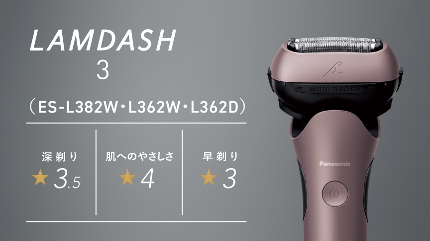 LAMASH3(ES-L382W・L362W・L362D)  深剃り★3.5 肌へのやさしさ★4 早剃り★3