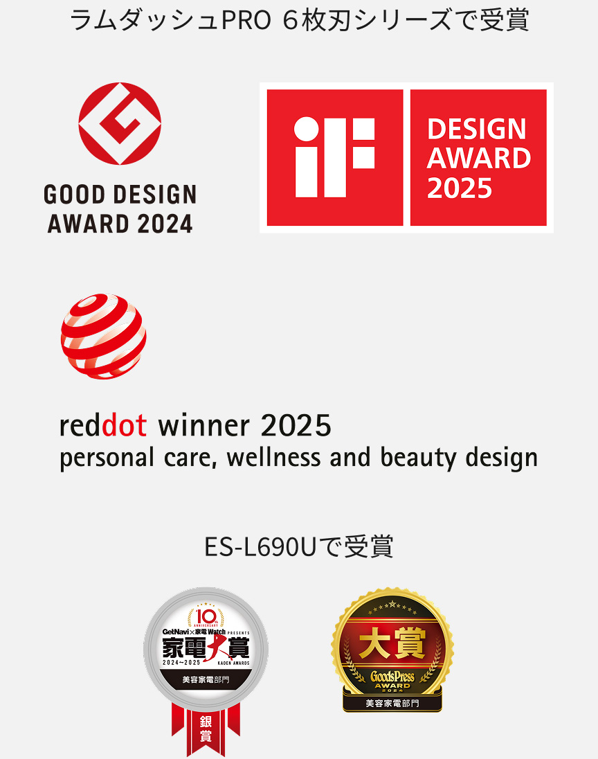 ラムダッシュPRO 6枚刃シリーズで受賞 GOOD DESIGN AWARD 2024 iF DESIGN AWARD 2025 reddot winner 2025 personal care, wellness and beauty design ES-L690Uで受賞 家電大賞 美容家電部門 銀賞 GoodsPress AWARD 美容家電部門 大賞