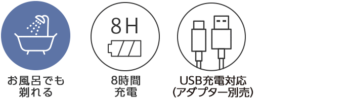お風呂でも剃れるアイコン 8時間充電アイコン USB充電対応(アダプター別売)アイコン