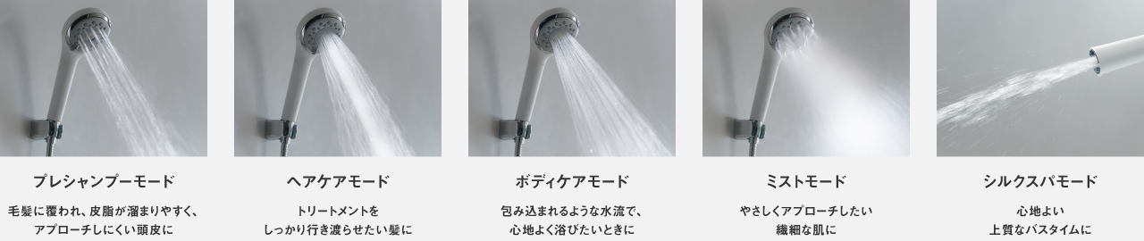 モードの説明画像。 プレシャンプーモード：毛髪に覆われ、皮脂が溜まりやすく、アプローチしにくい頭皮に。 ヘアケアモード：トリートメントをしっかり行き渡らせたい髪に。 ボディケアモード：包み込まれるような水流で、心地よく浴びたいときに。 ミストモード：やさしくアプローチしたい繊細な肌に。 シルクスパモード：心地よい上質なバスタイムに。