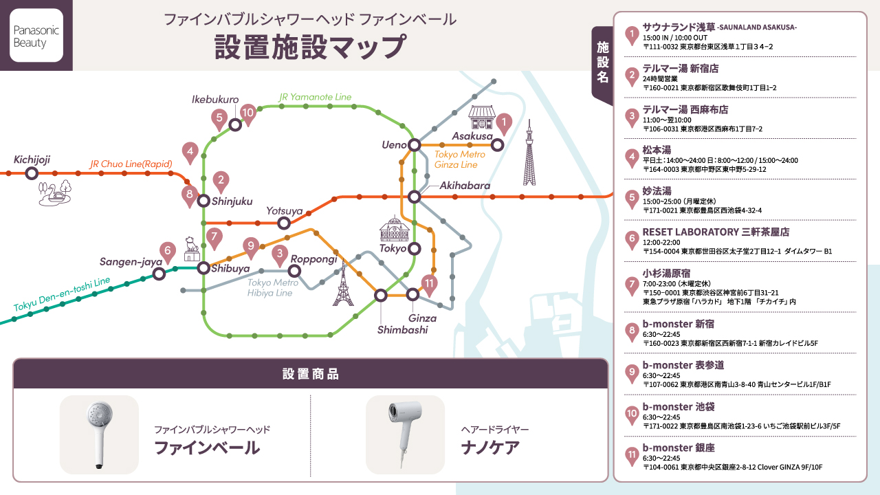 設置施設マップ  設置商品 ファインバブルシャワーヘッド ファインベール、ヘアードライヤーナノケア