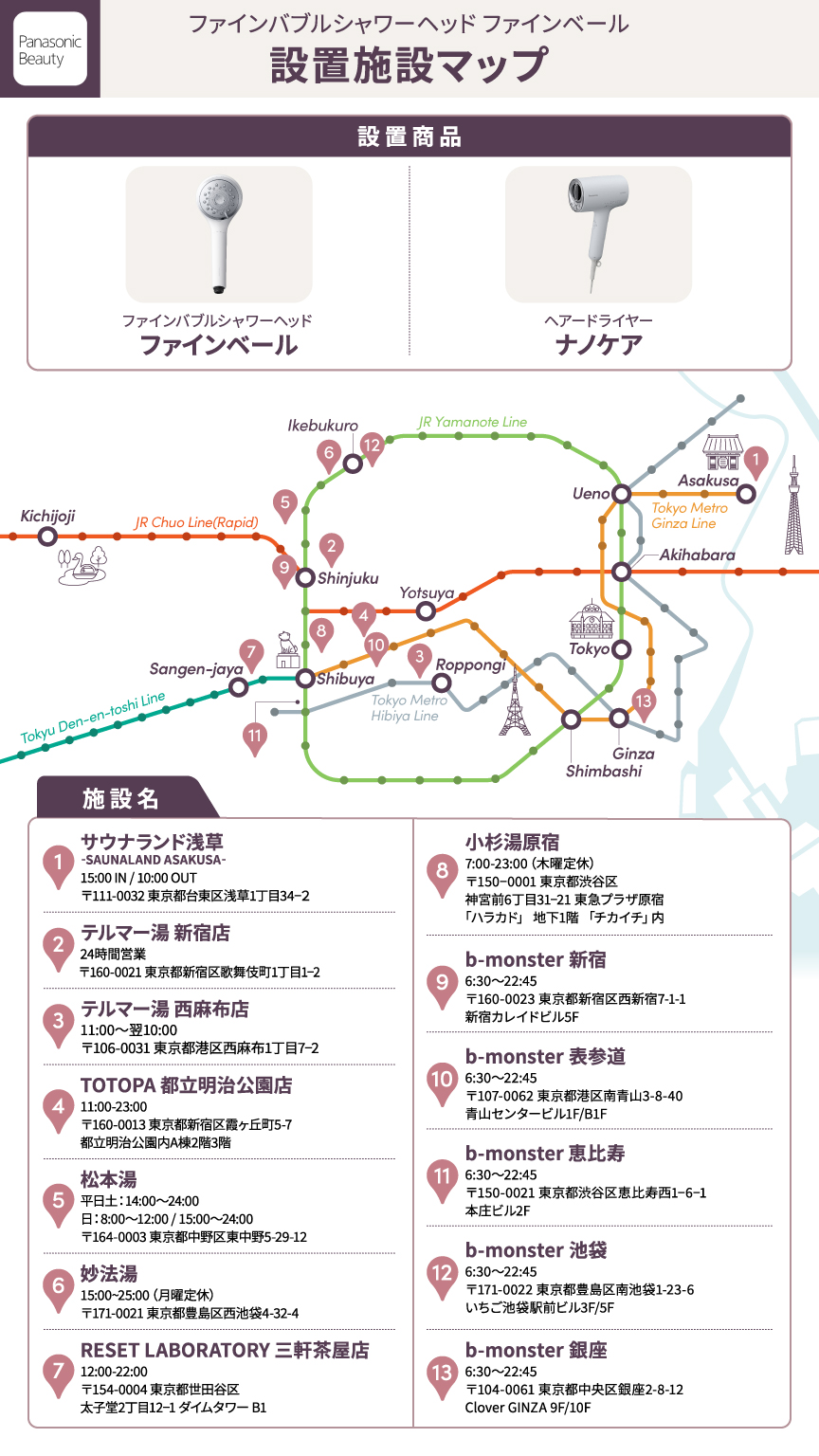 設置施設マップ  設置商品 ファインバブルシャワーヘッド ファインベール、ヘアードライヤーナノケア