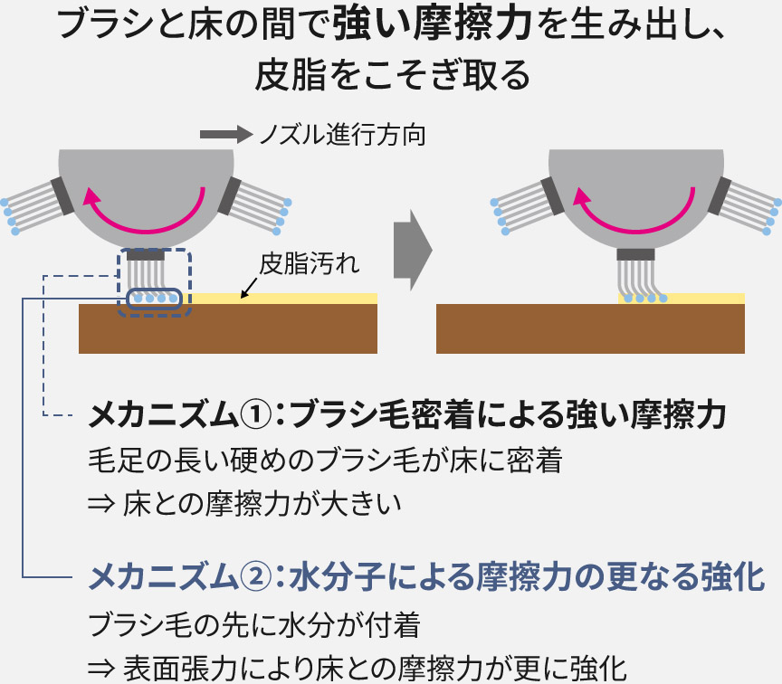 ブラシと床の間で強い摩擦力を生み出し、皮脂をこそぎ取る。メカニズム① ブラシ毛密着による強い摩擦力 毛足の長い硬めのブラシ毛が床に密着→床との摩擦力が大きい  メカニズム② 水分氏による摩擦力のさらなる強化 ブラシ毛の先に水分が付着→表面張力により床との摩擦力がさらに強化