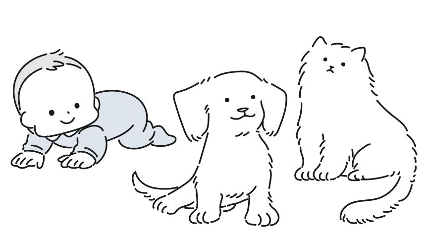 イラスト：赤ちゃん、犬、猫