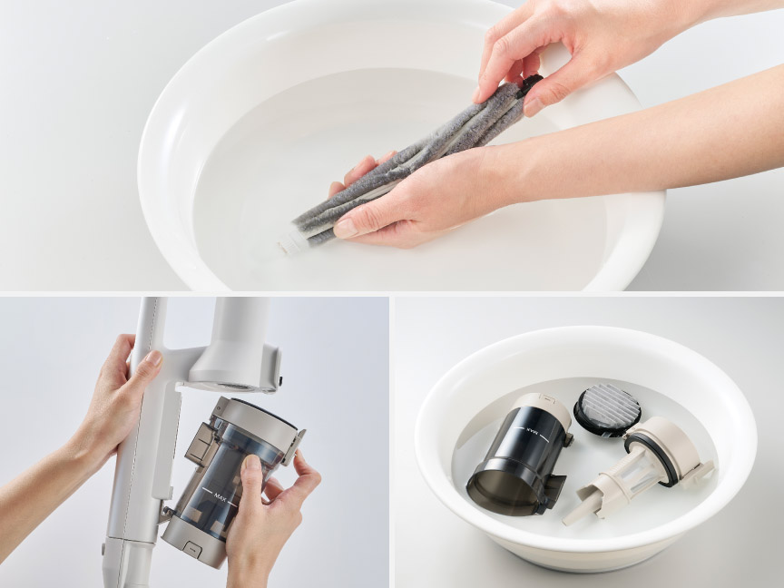 ブラシ・ダストボックスを取り外して水洗いしている様子
