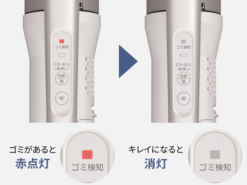 ゴミ検知の点灯　ゴミがあると赤点灯　キレイになると消灯