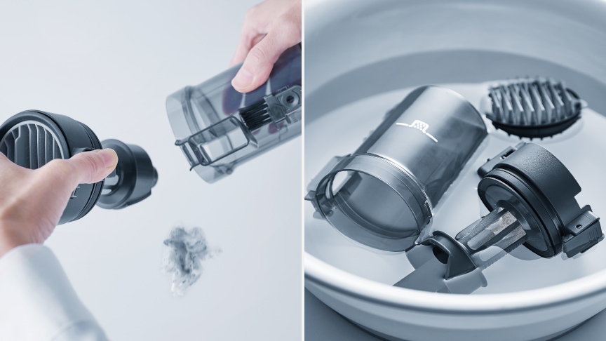 写真：ダストボックスのゴミを捨てる様子,ダストボックスを水洗いする様子