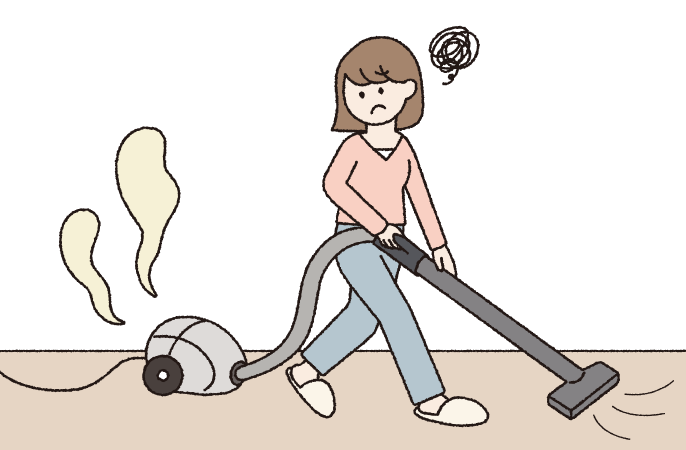 掃除機をかけていて、排気のニオイが気になっている女性のイラストです。