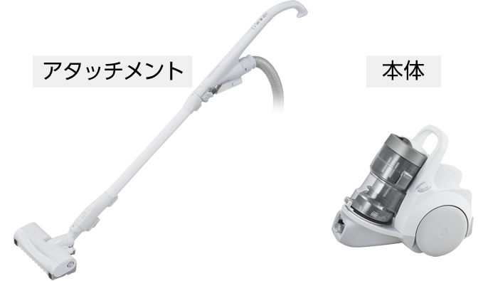 サイクロン式掃除機の本体とアタッチメントの写真です。