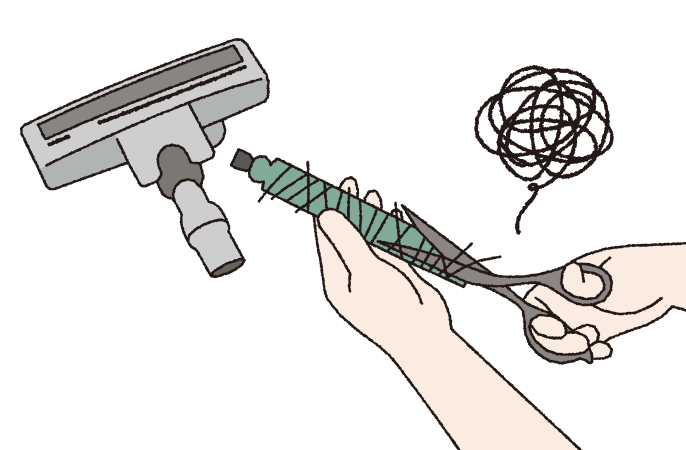 ノズルのブラシ部分にからんだ毛をハサミで切り取っているイラストです。