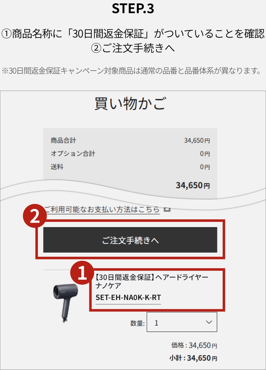 STEP.3 ①商品名称に「30日間返金保証」がついていることを確認 ②ご注文手続きへ