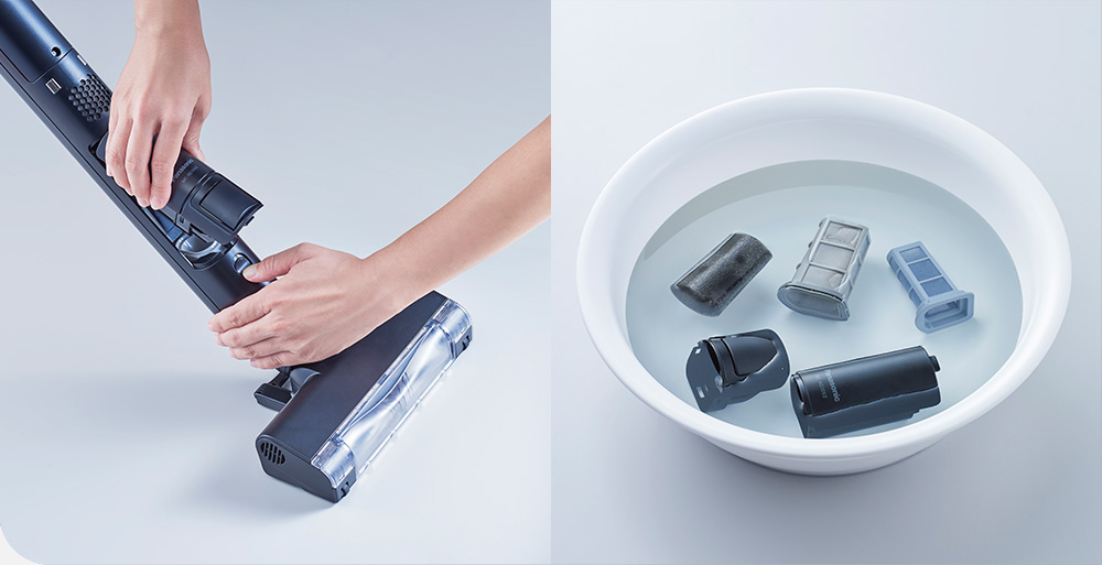 画像：スティック内のフィルターケースは、 丸ごと水洗いOKで清潔。