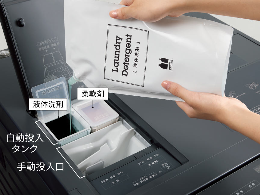 詰め替え用パウチの液体洗剤を自動投入タンクに注ぐ様子