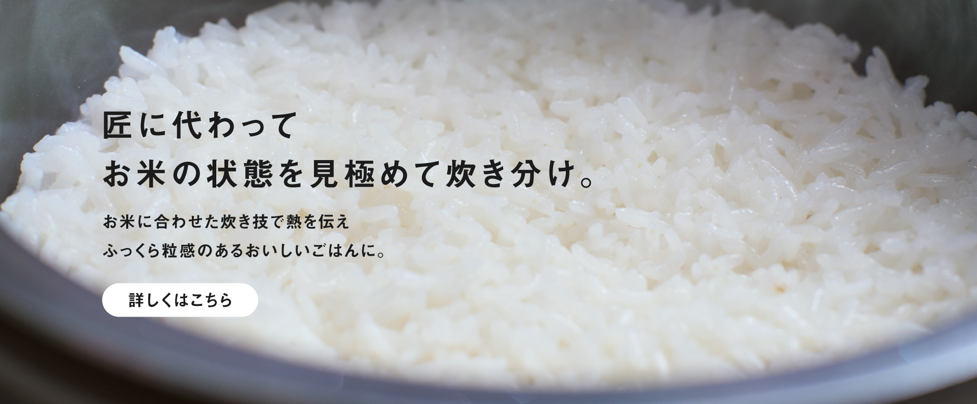 X9Eシリーズで炊いたごはんの画像です。クリックすると特長「ビストロ匠技AI」の詳細ページにリンクします。匠に代わってお米の状態を見極めて炊き分け。