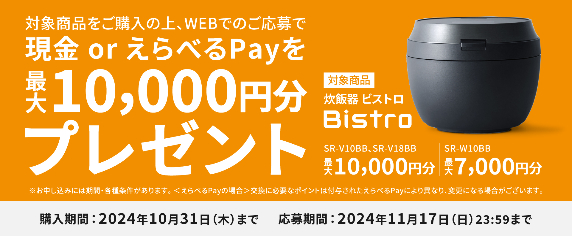 炊飯器 ビストロ 購入応援キャンペーンのバナーです。クリックすると詳細ページにリンクします。購入期間：2024年10月31日（木）まで。応募期間：2024年11月17日（日）23:59まで。