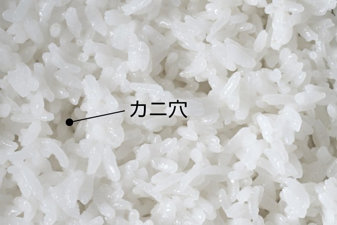 ごはんが炊き上がった時に出来るカニ穴の位置を示した画像です。