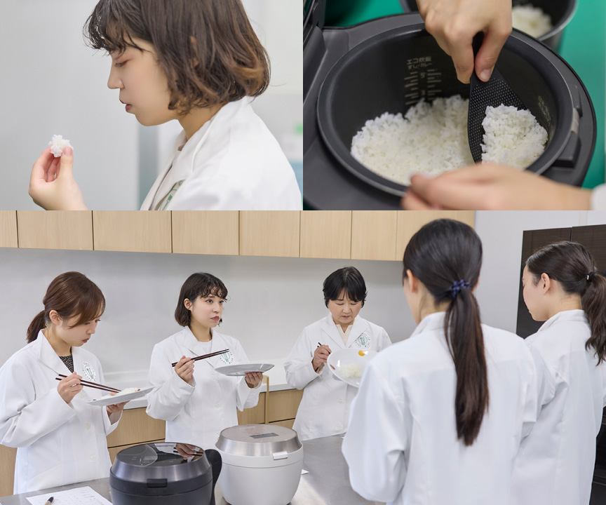 写真：白米を指でつまむ萩さん、炊飯器に入った白米、白米の試食