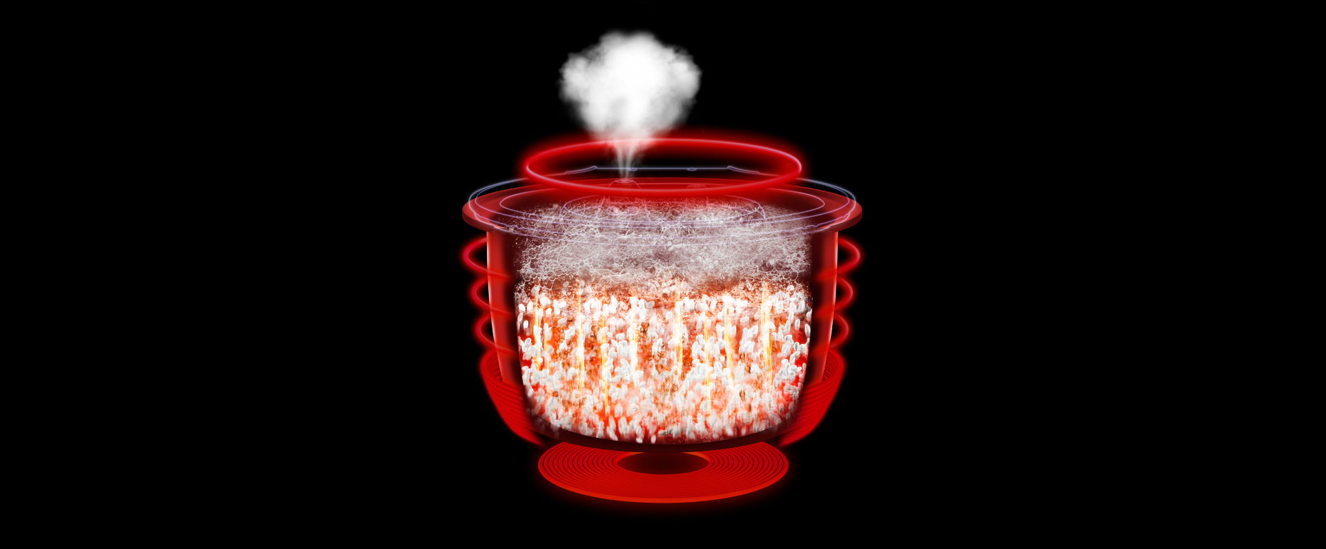 パナソニック炊飯器の火力・圧力技術をイメージしたCGと、炊飯中の様子の画像です。