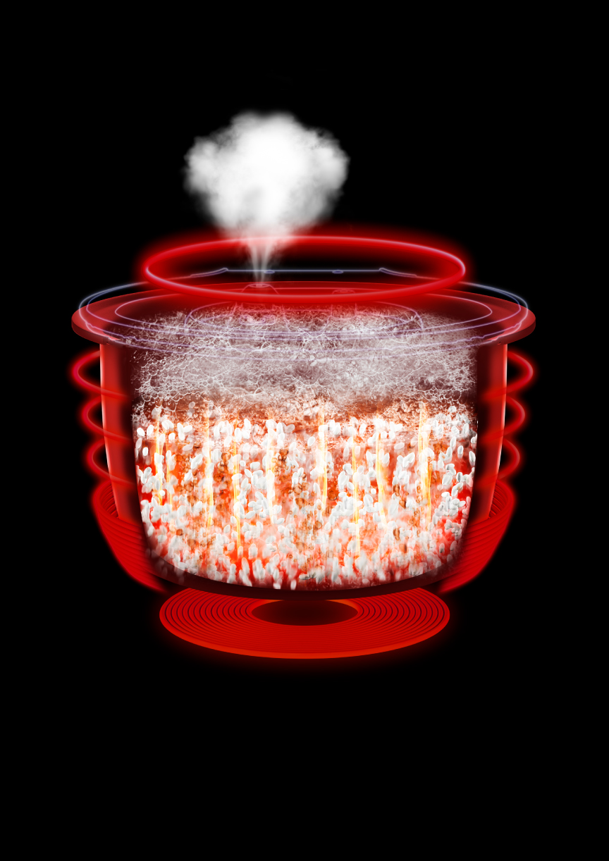 パナソニック炊飯器の火力・圧力技術をイメージしたCGと、炊飯中の様子の画像です。